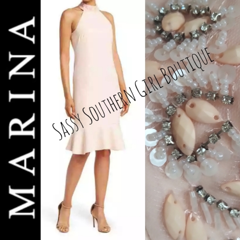 ⭐🆕 MARINA petal peach beaded halter cocktail dress